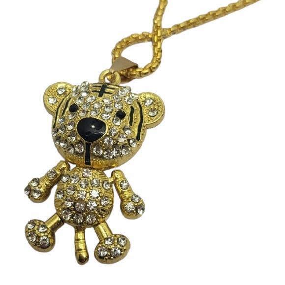 Articulated Gold Tone Black Enamel Round Crystal Teddy Bear Pendant 24" Chain - Picture 6 of 6